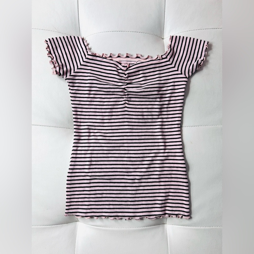 Vintage Hollister Pink Black Striped Lettuce Hem Off Shoulder Crop Top; Size XS